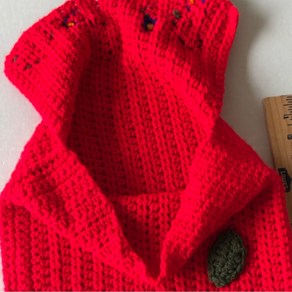 Handmade Knit Clutch Bag Fold Over Red w/ Crochet Blue Flowers Boho Pouch - Picture 7 of 8